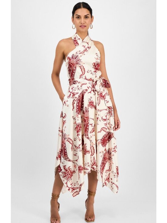 Rachel Roy Dresses & Skirts - Rachel Roy Light Beige & Red Floral Handkerchief Hem Midi Dress Size 2